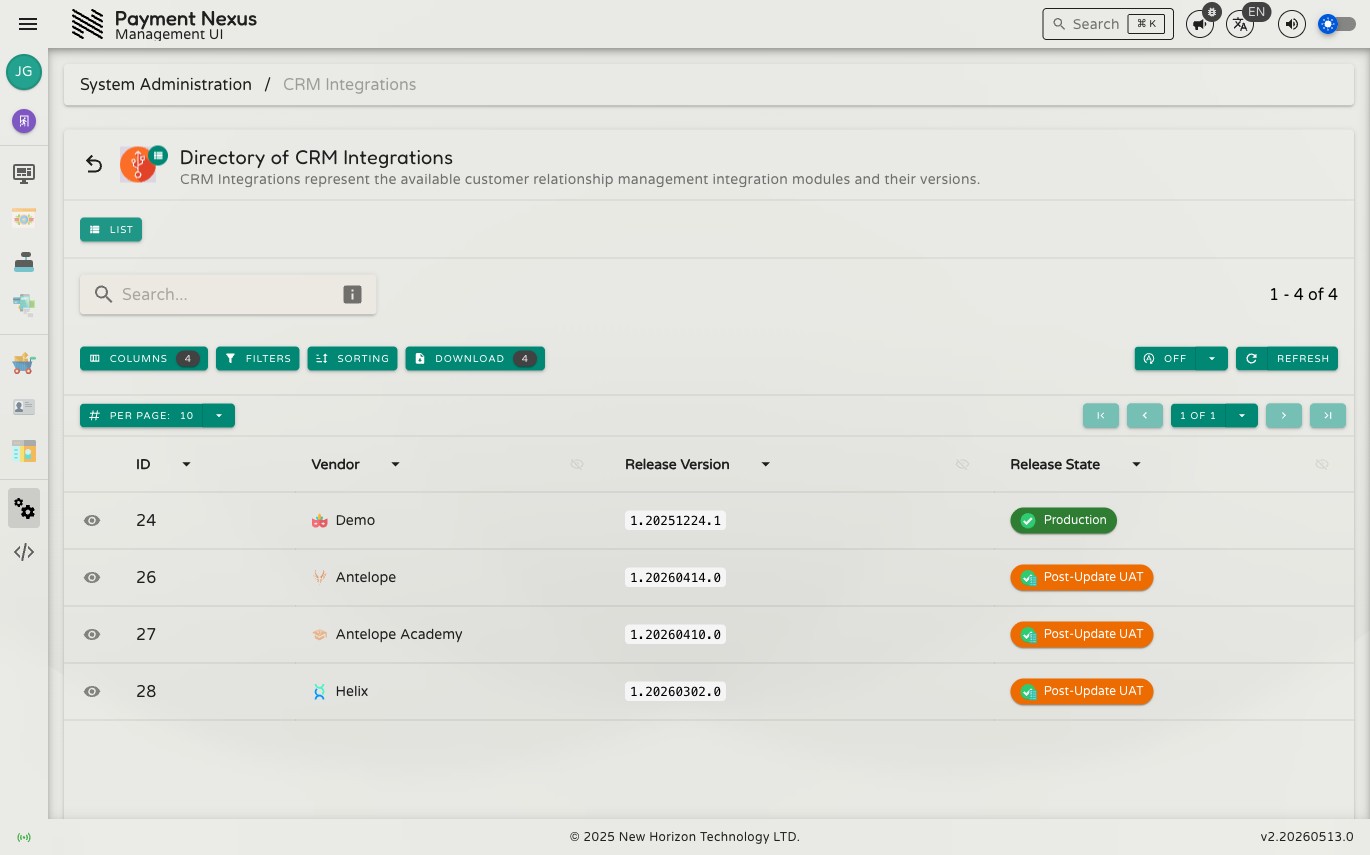 Directory of CRM Integrations showing ID, Vendor, Release Version, and Release State columns