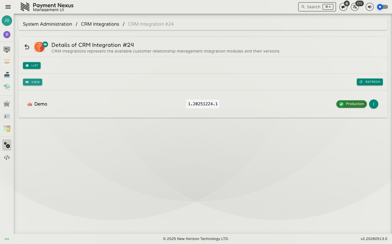 CRM Integration detail page showing vendor name, release version, and release state