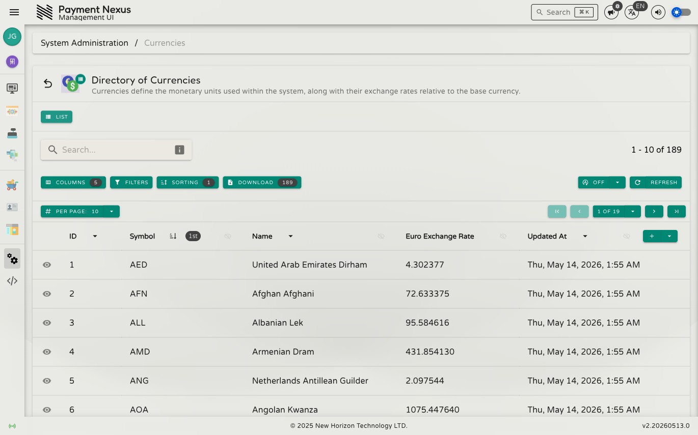 Directory of Currencies showing ID, Symbol, Name, Euro Exchange Rate, and Updated At columns