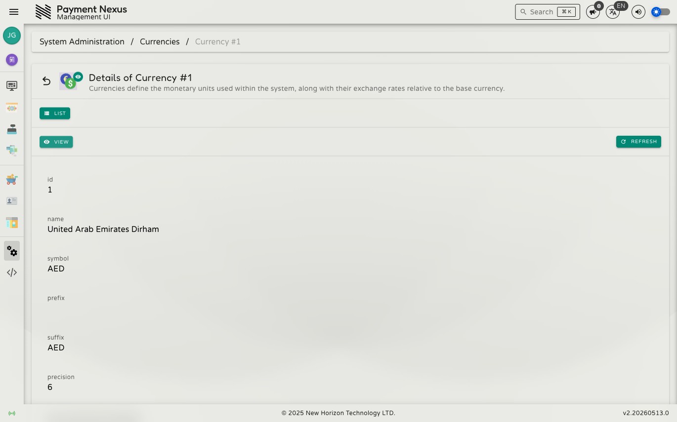 Currency detail page showing fields including symbol, name, exchange rate, precision, and deposit limits