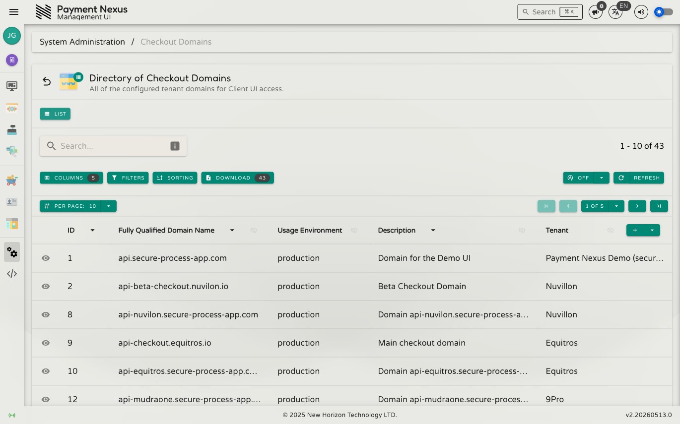Directory of Checkout Domains showing FQDN, Usage Environment, Description, and Tenant columns
