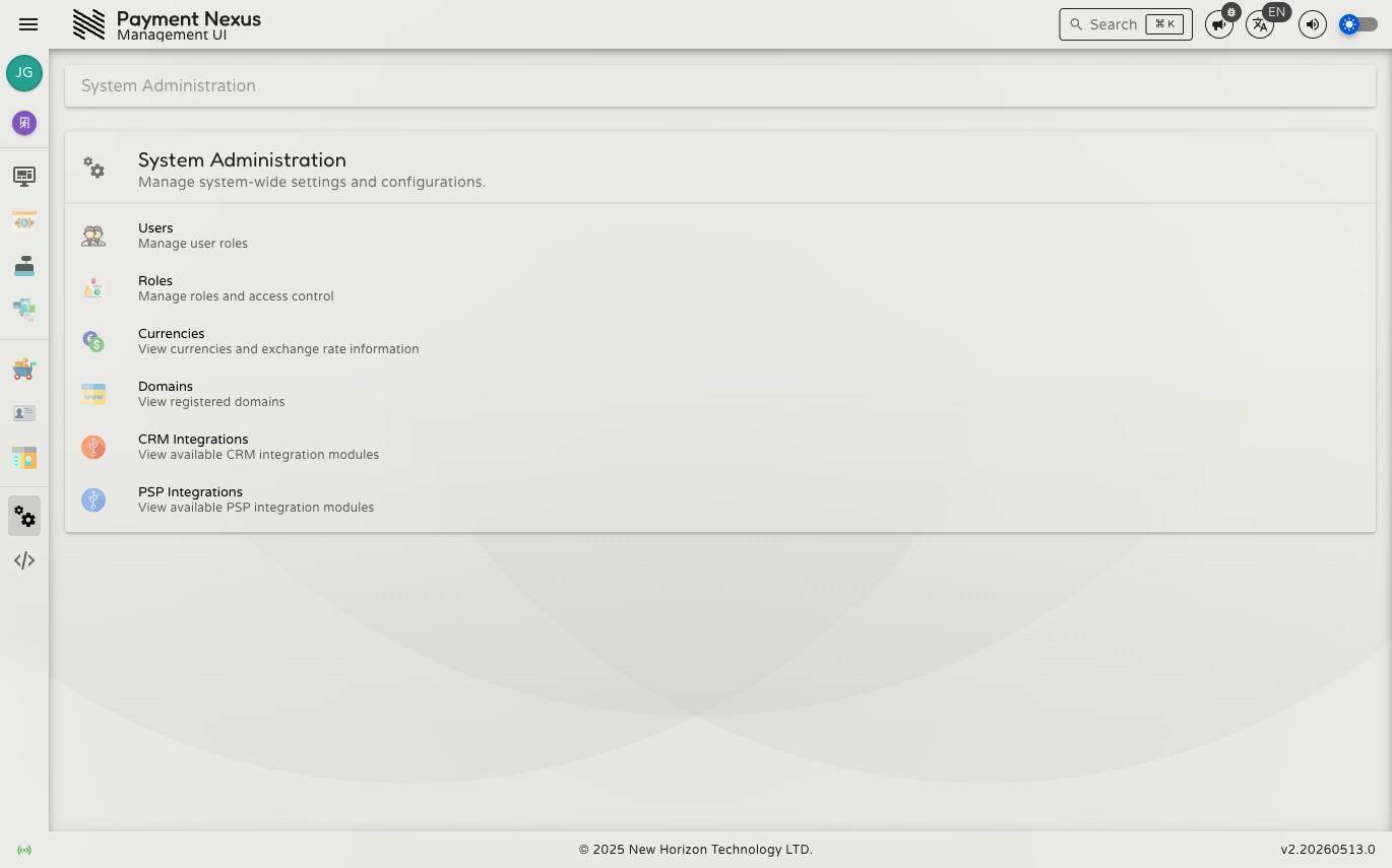 System Administration landing page showing sub-module navigation cards