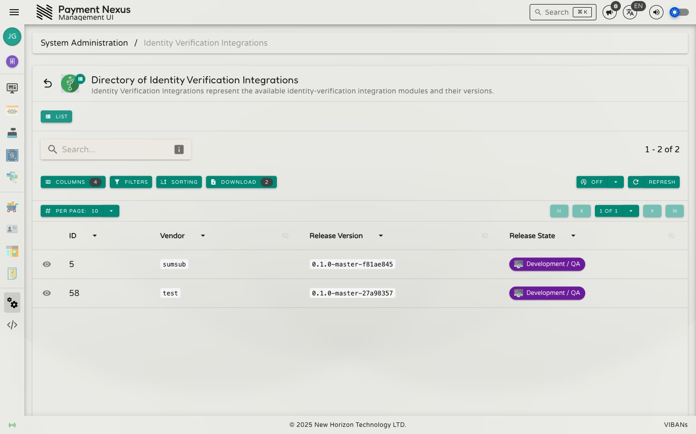 Directory of KYC Integrations showing ID, Vendor, Release Version, and Release State columns