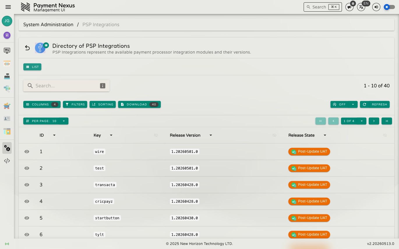 Directory of PSP Integrations showing ID, Key, Release Version, and Release State columns