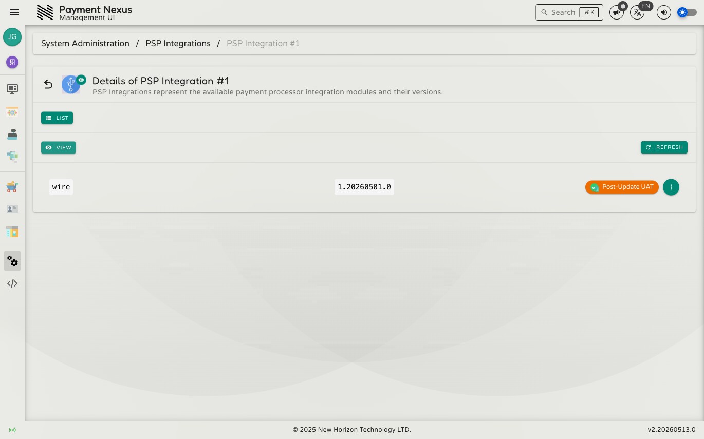 PSP Integration detail page showing vendor key, release version, and release state