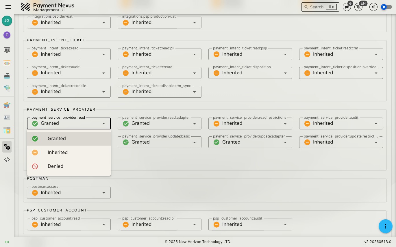 Capability dropdown open showing Granted, Inherited, and Denied options