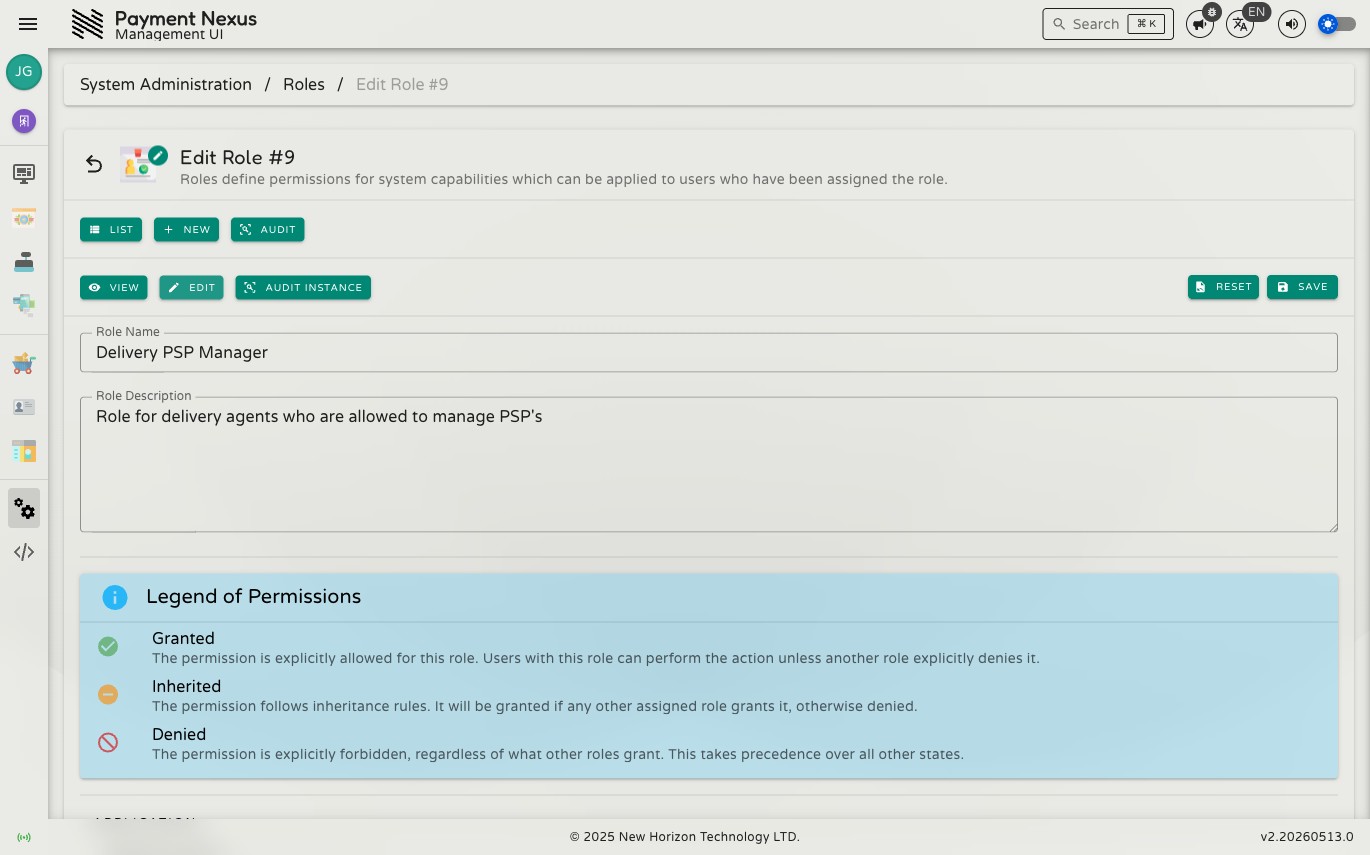 Role edit form showing Name, Description fields and capability toggles grouped by area