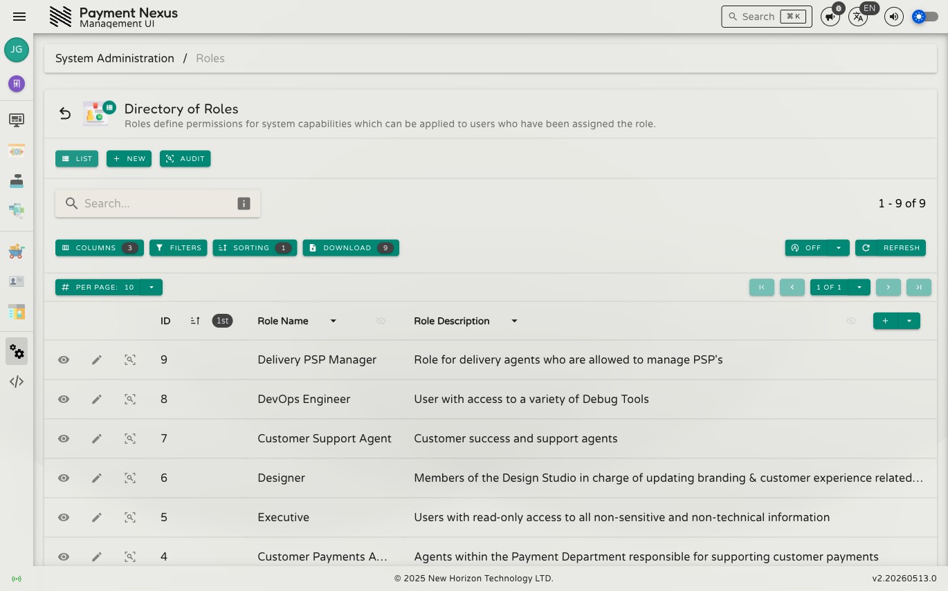 Directory of Roles showing ID, Name, and Description columns
