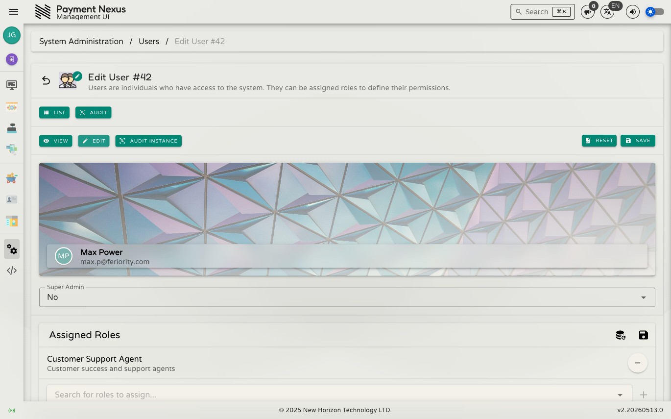 Edit User page showing Super Admin dropdown and Assigned Roles section with search