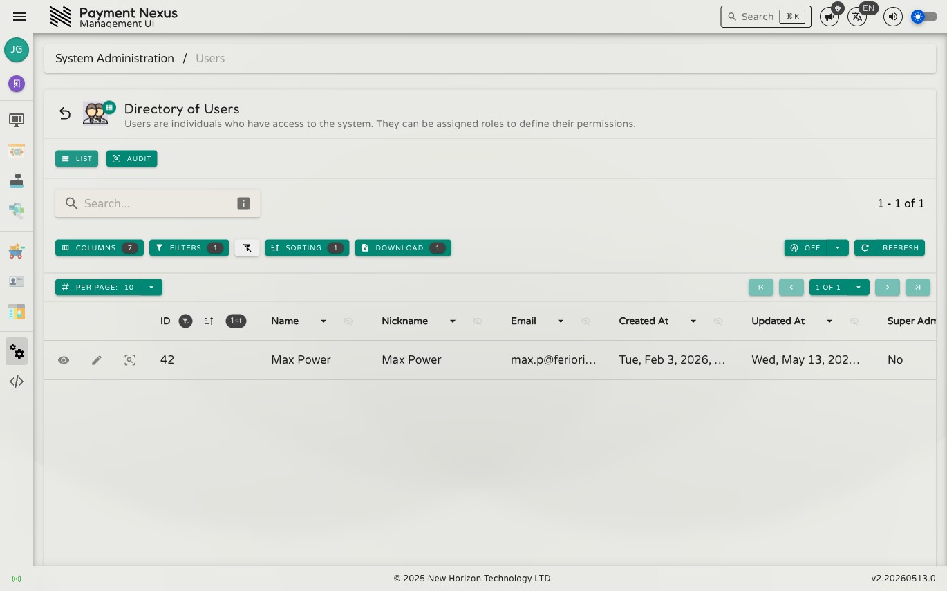 Directory of Users showing ID, Name, Nickname, Email, Super Admin, and timestamp columns