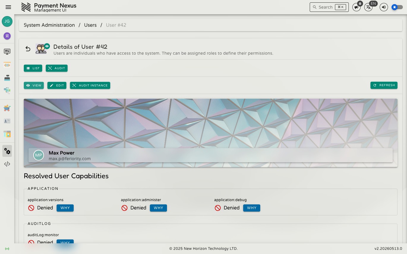 User detail page showing profile header and Resolved User Capabilities grouped by category