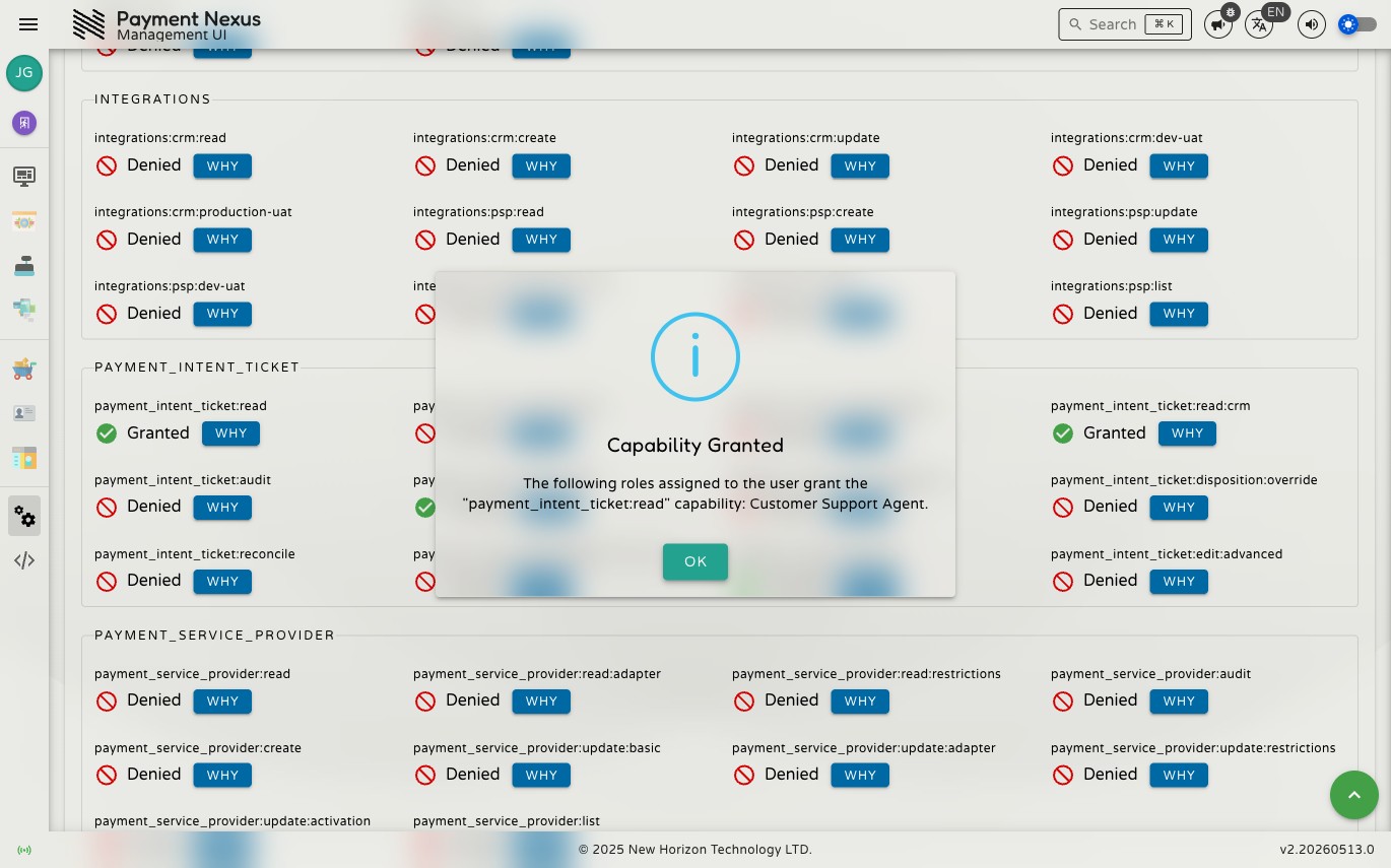 WHY dialog showing Capability Granted and listing the Customer Support Agent role as the source