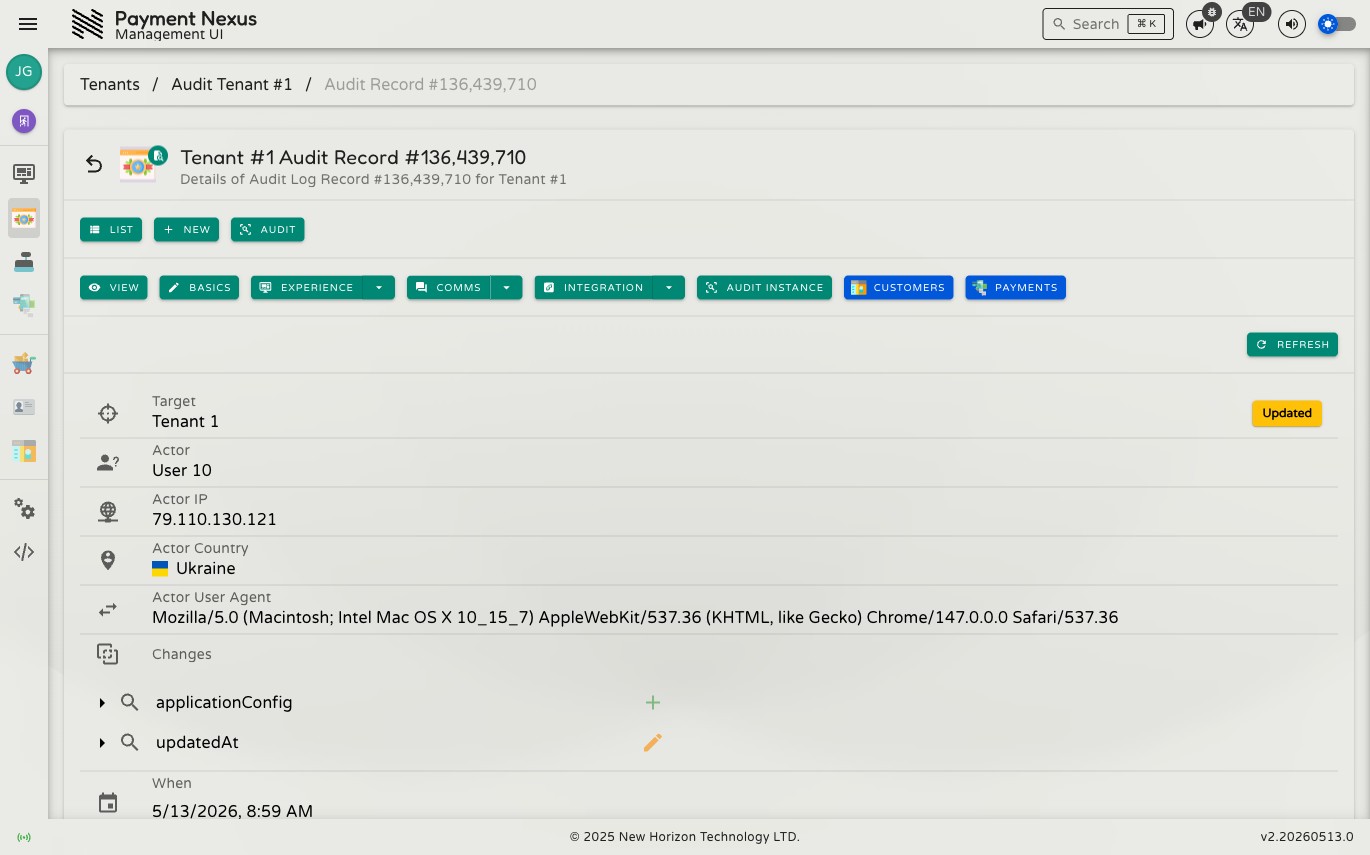 Audit log entry detail showing Target, Actor, Actor IP, Actor Country, Actor User Agent, Changes tree, and When fields