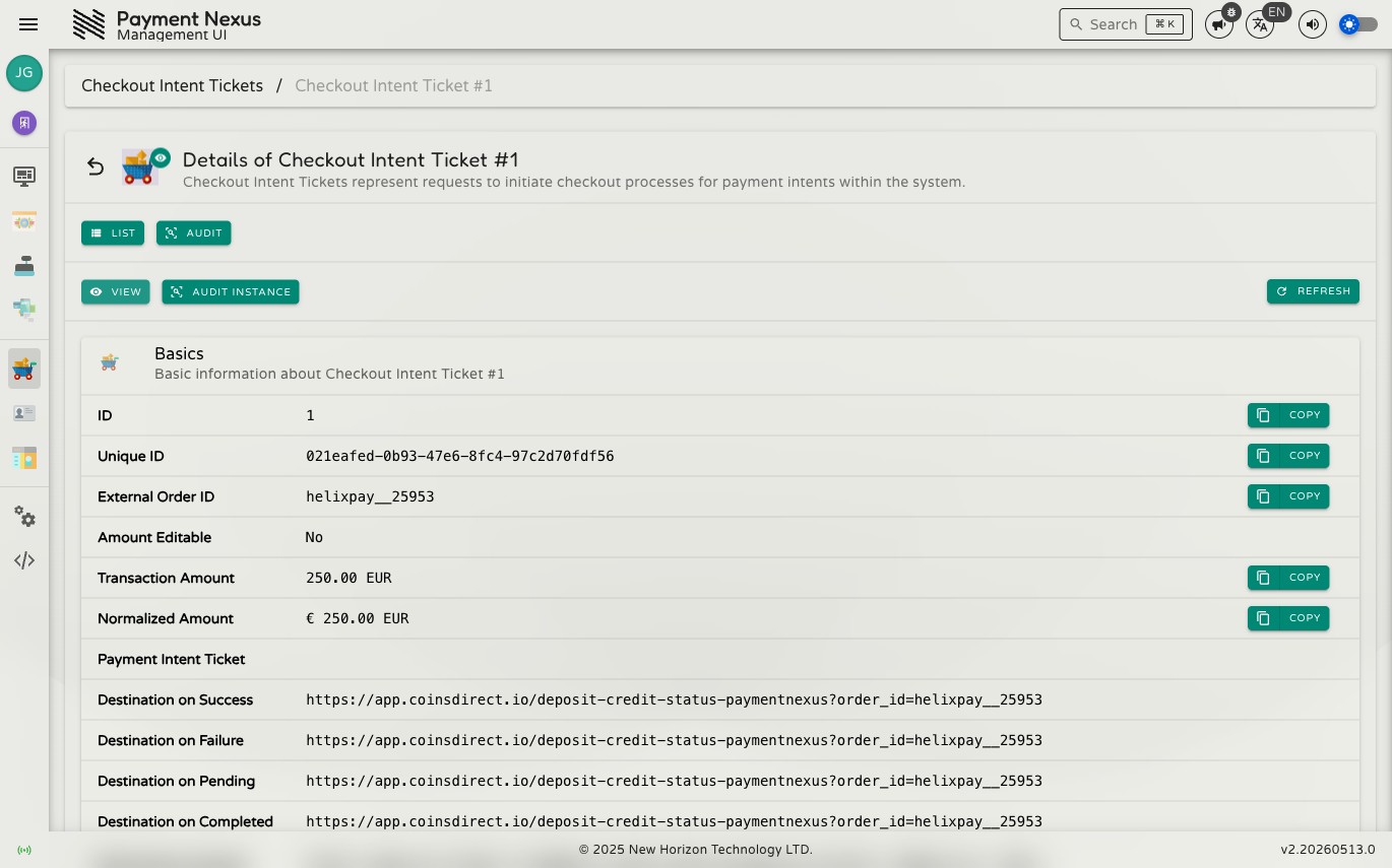CIT detail page showing the Basics card with all checkout session fields including ID, Unique ID, External Order ID, Amount Editable, Transaction Amount, Normalized Amount, destination URLs, and timestamps