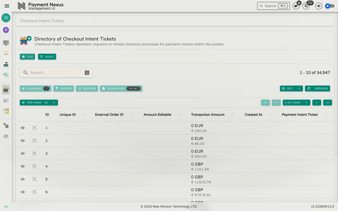Directory of Checkout Intent Tickets showing a table with columns for ID, Unique ID, External Order ID, Amount Editable, Transaction Amount, Created At, and Payment Intent Ticket
