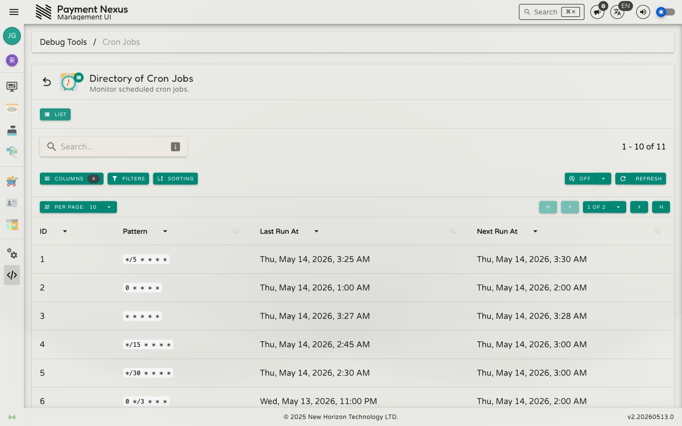 Directory of Cron Jobs showing a searchable, filterable table of scheduled background jobs with their schedule pattern, last run time, and next run time