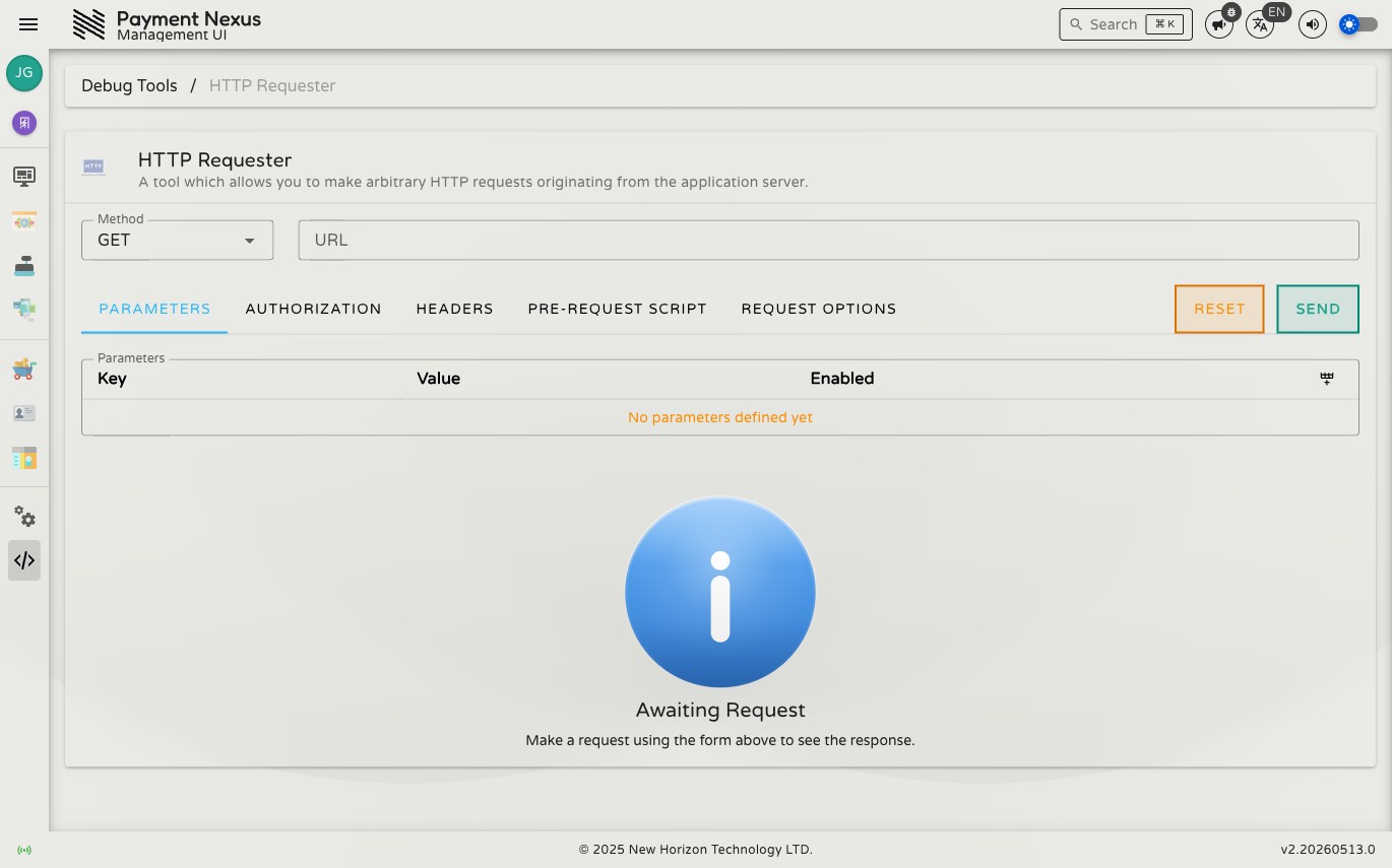 HTTP Requester page showing method selector, URL field, and tabs for Parameters, Authorization, Headers, Pre-Request Script, and Request Options
