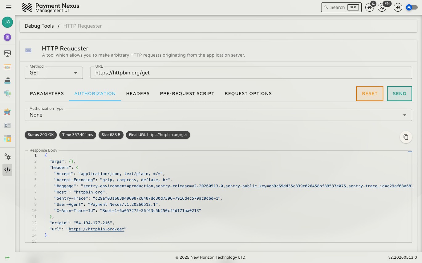 Authorization tab showing the mode selector set to None