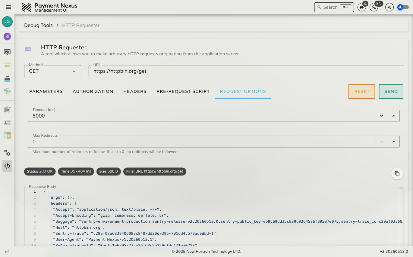 Request Options tab showing Timeout and Max Redirects fields
