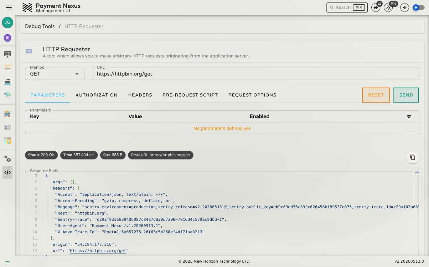 Parameters tab showing an empty key/value pair list with Add Parameter button