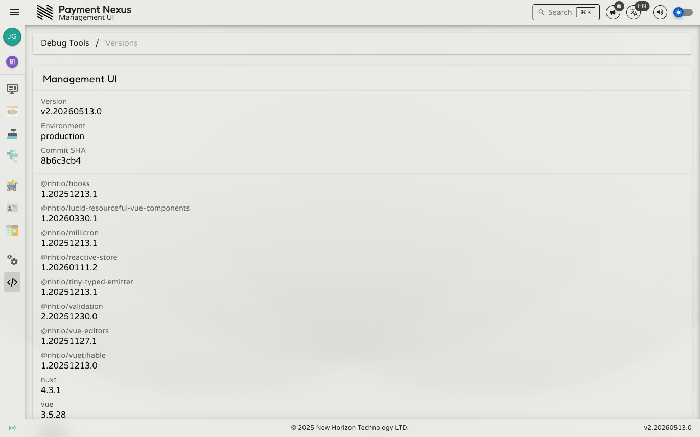 Versions page showing the Management UI version, environment, commit SHA, and a list of key dependency versions with links to their documentation