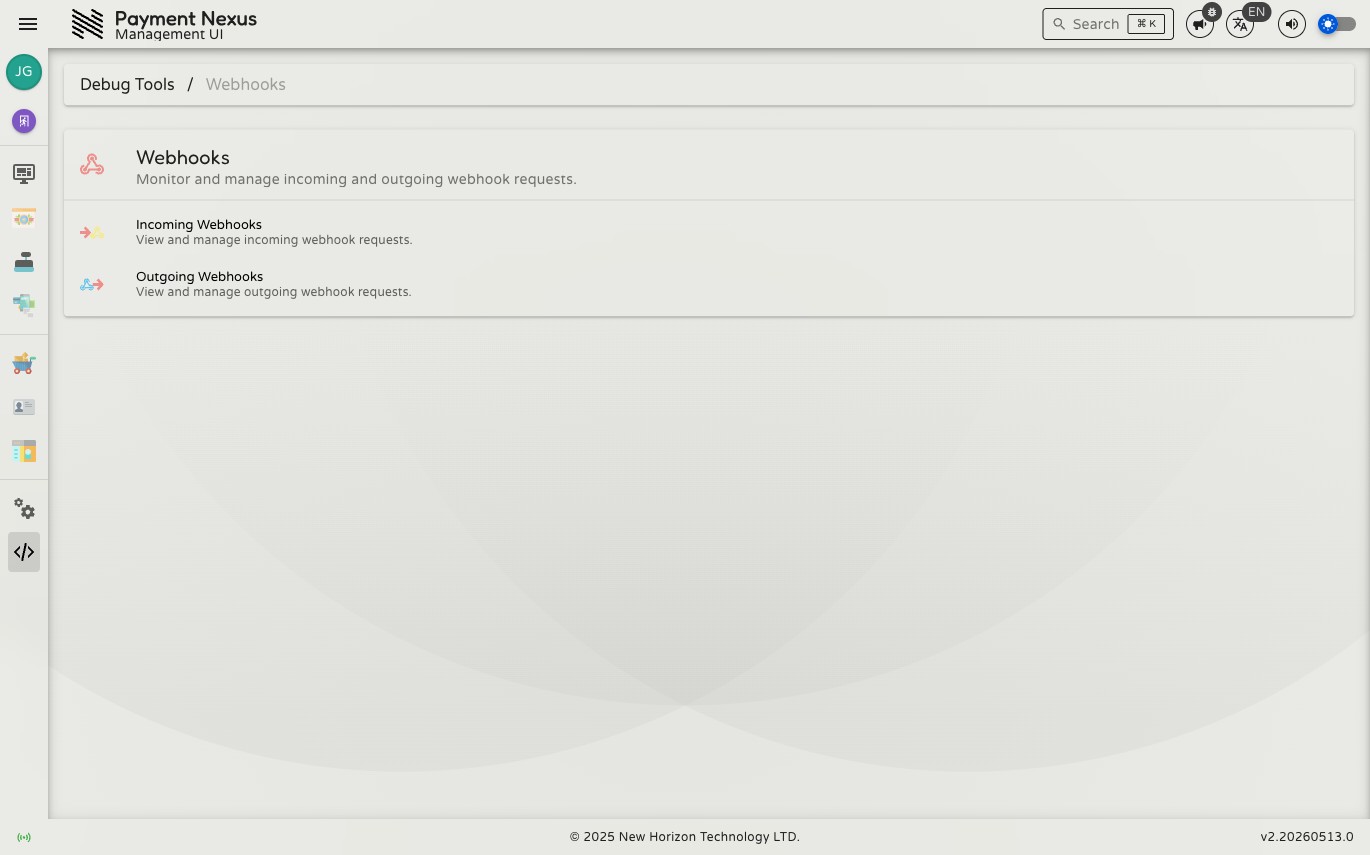 Webhooks landing page showing links to Incoming Webhooks and Outgoing Webhooks