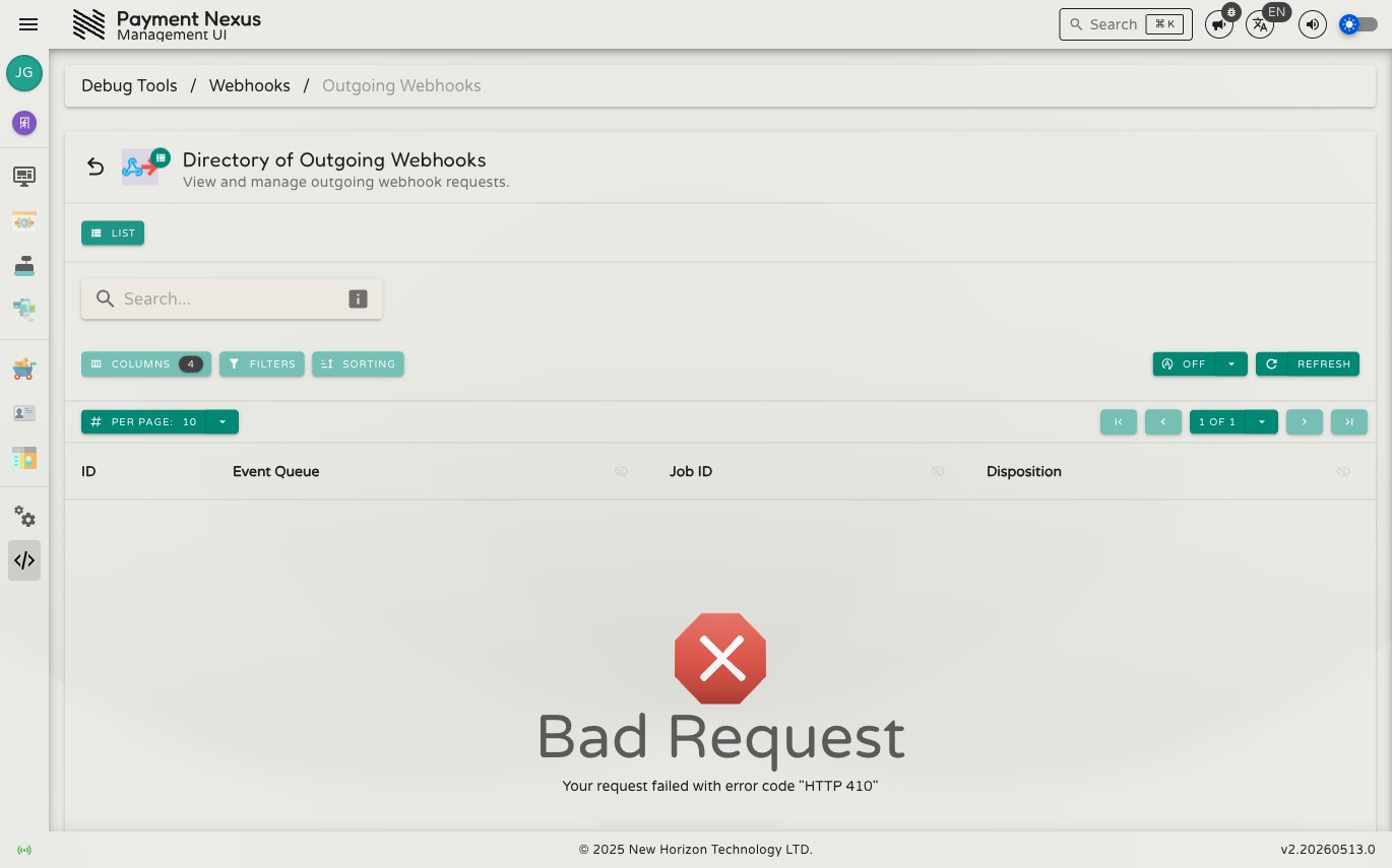 Directory of Outgoing Webhooks showing a searchable list of outbound webhook deliveries