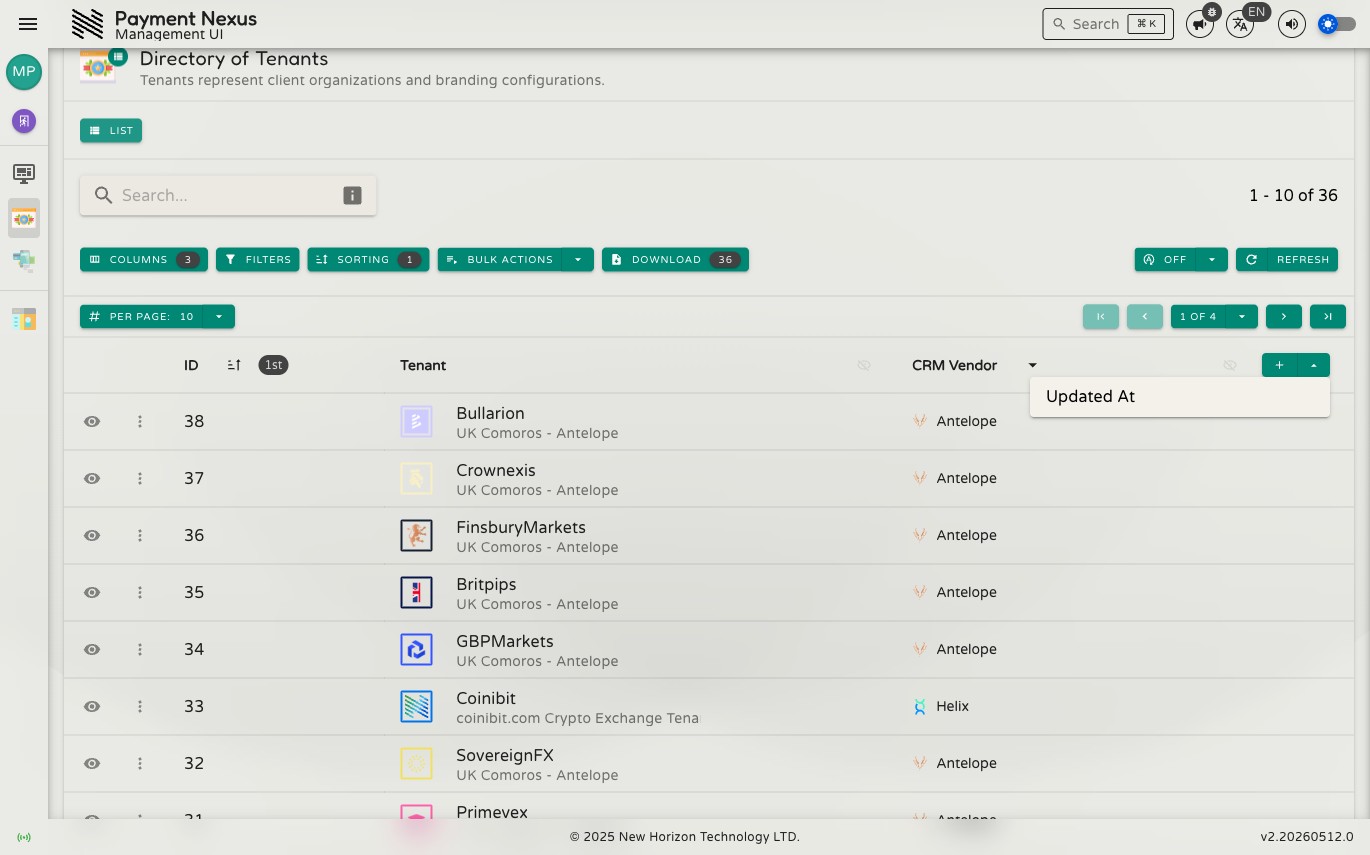 Add columns menu at the end of the table header showing available hidden fields
