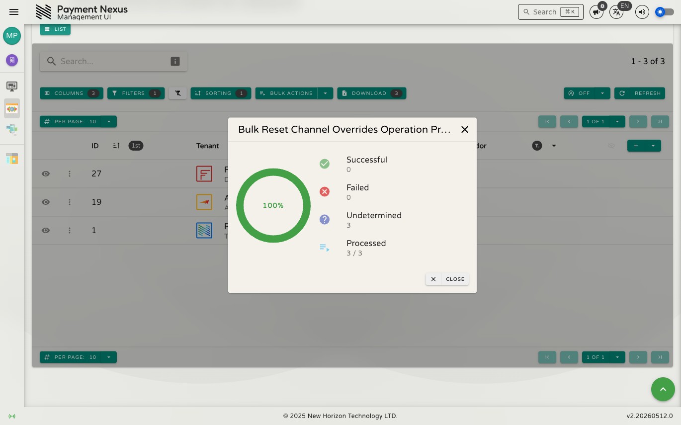 Bulk action progress dialog showing processed count, success and failure counts, and Abort button