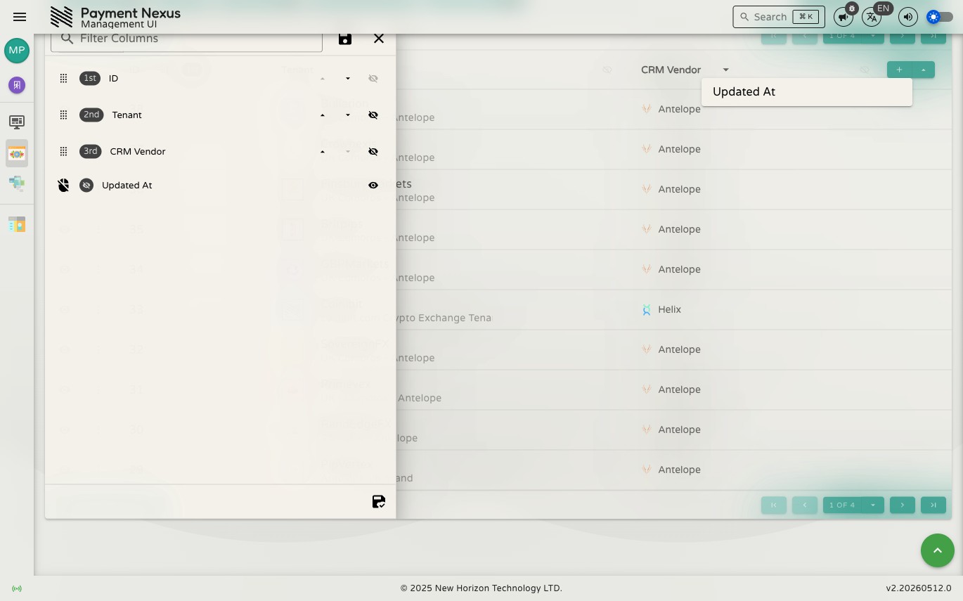 Columns drawer showing toggleable fields with ordering controls