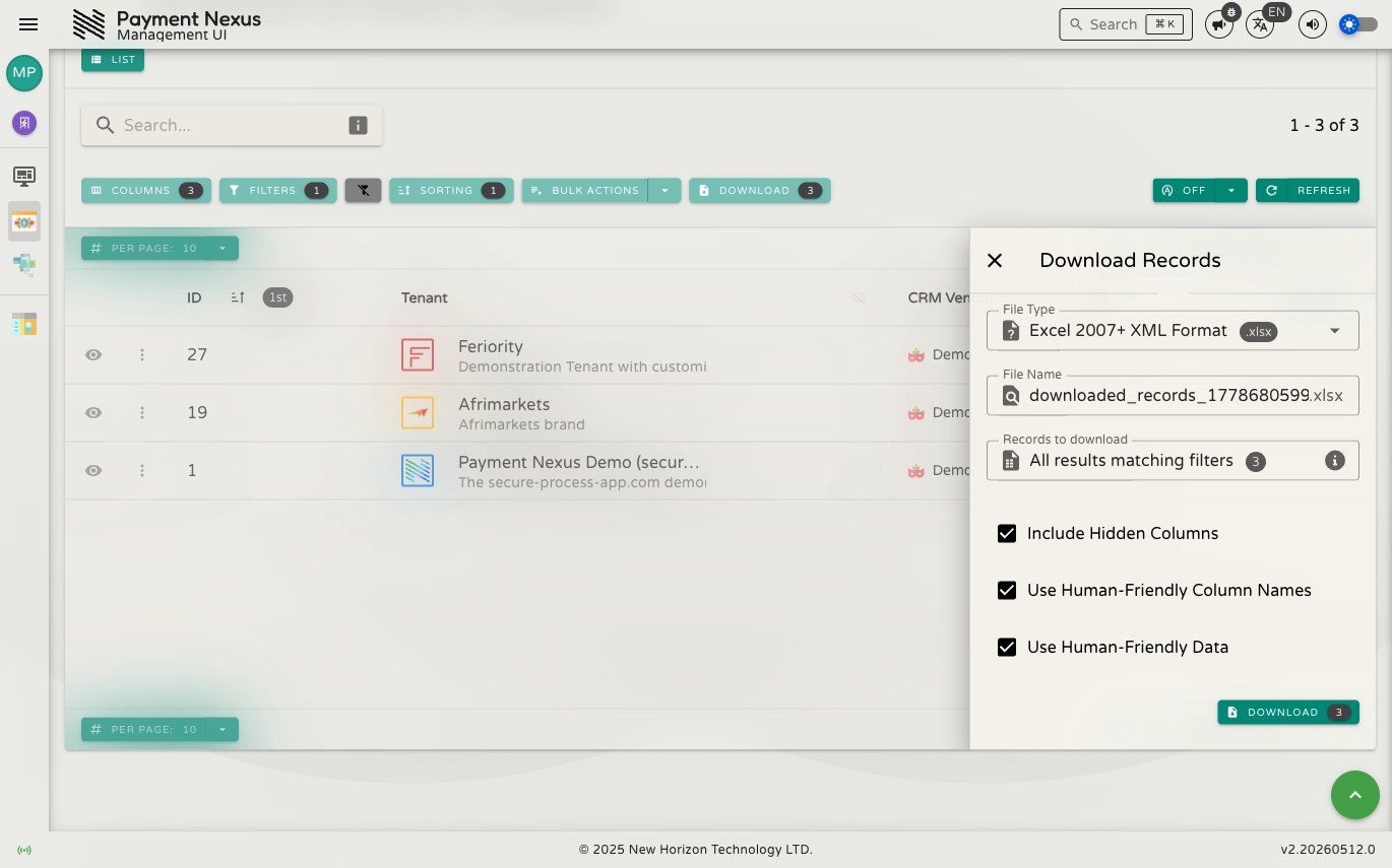 Export drawer showing file name, record scope, and export options