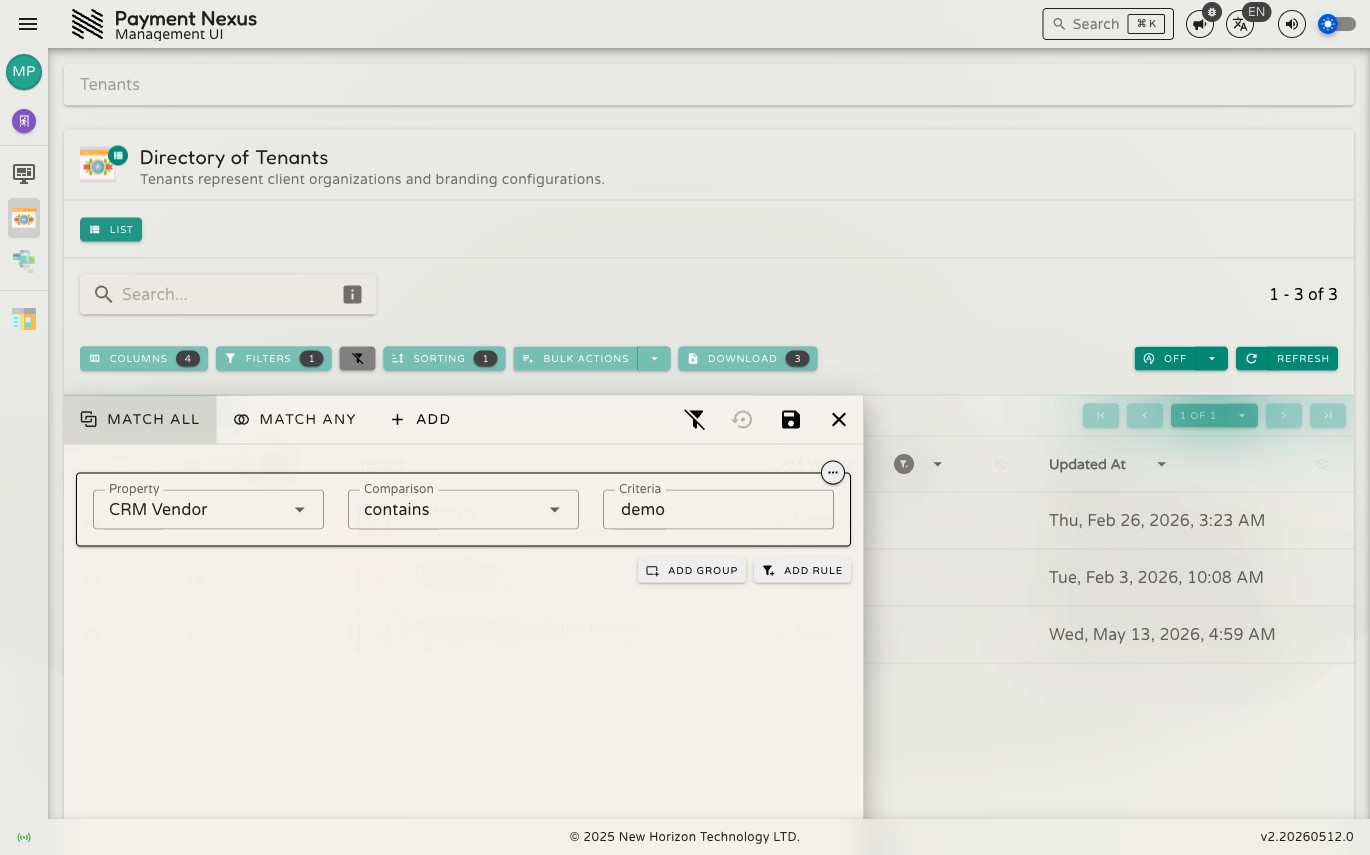 Filter builder drawer showing Match All / Match Any toggle and a populated condition row