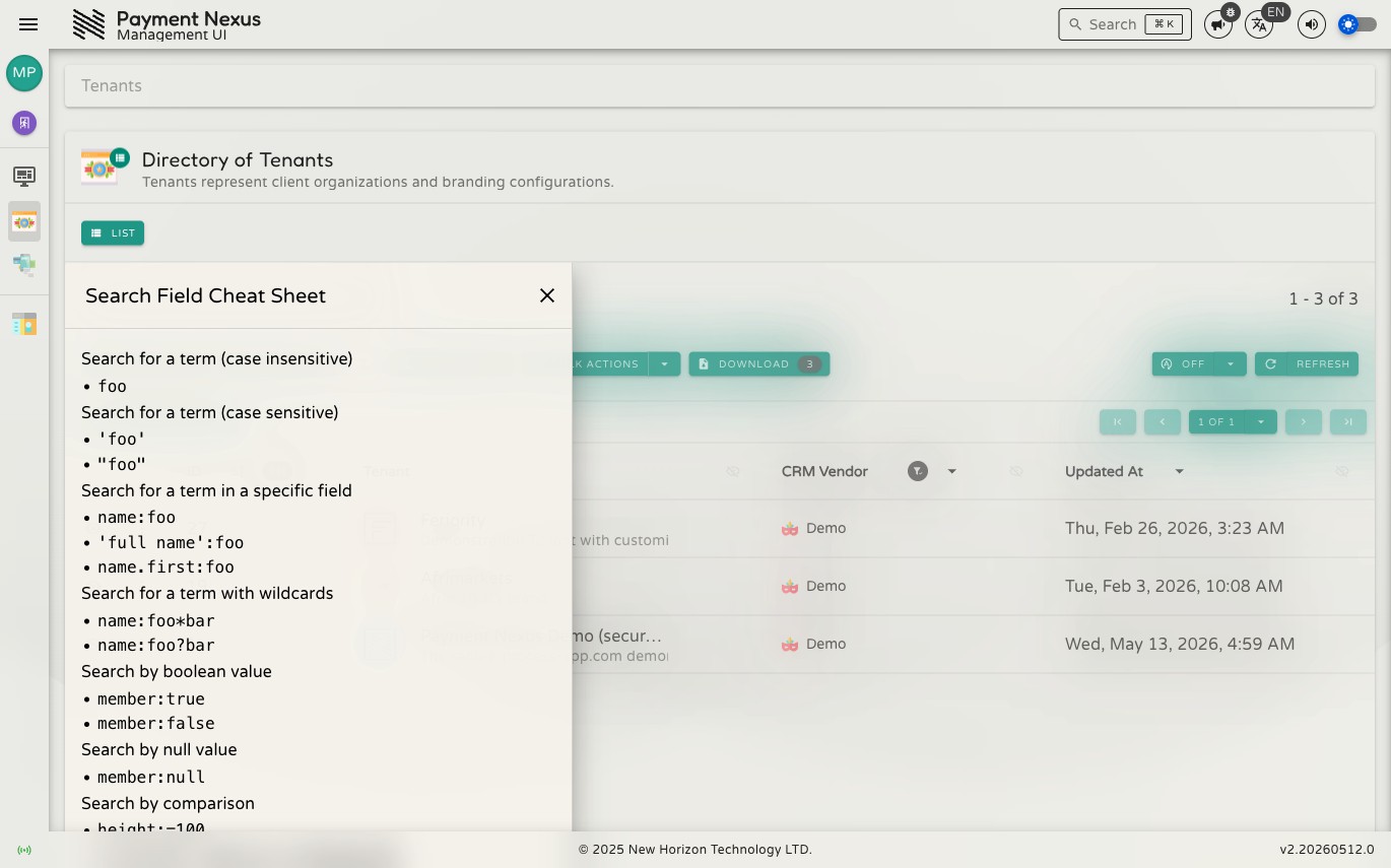 Search field cheat sheet panel showing Lucene syntax examples