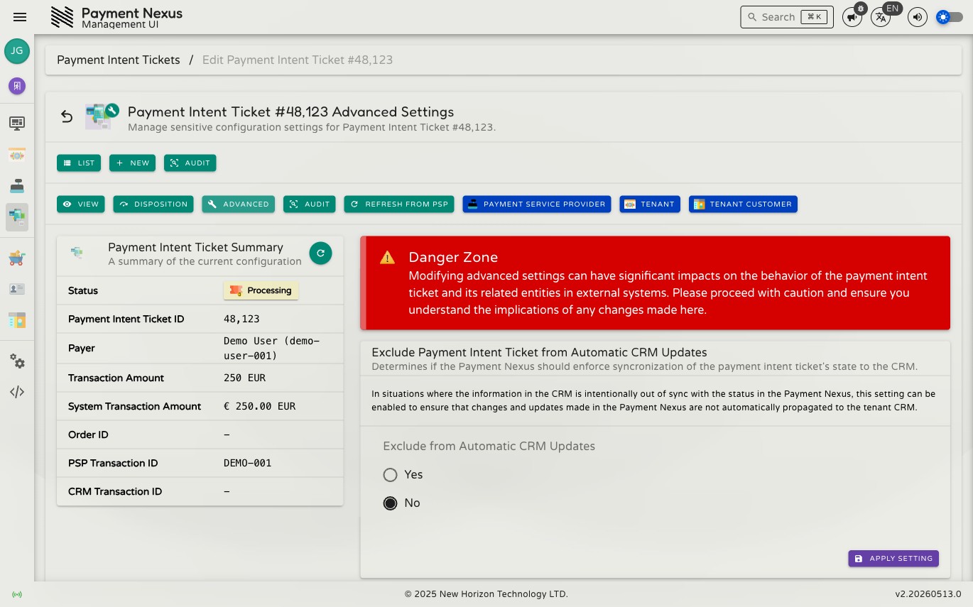 Advanced settings form showing the Excluded from Automatic CRM Updates toggle switch