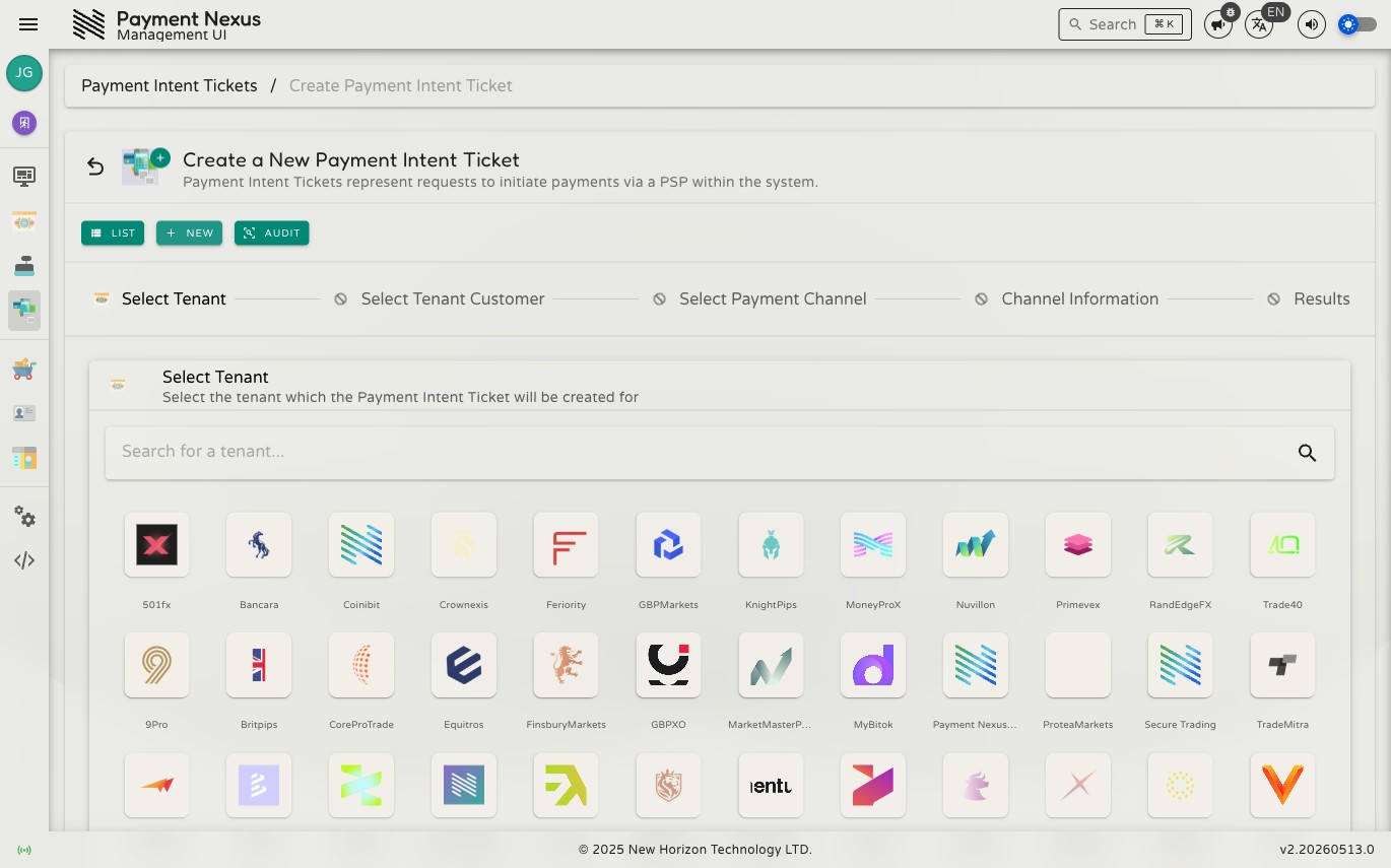 Step 1 showing a grid of tenant cards with a search field at the top