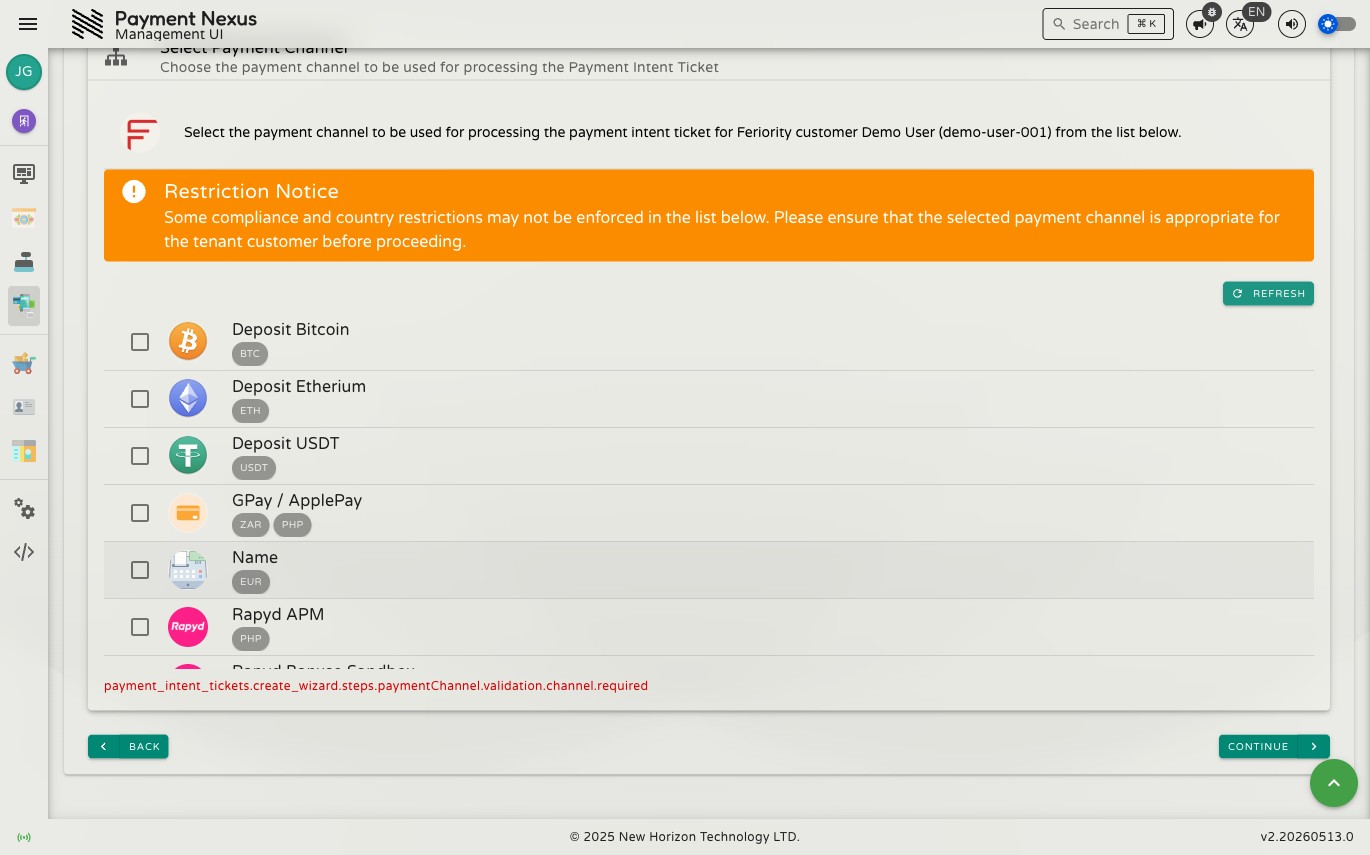 Step 3 showing a list of PSP payment channels with checkboxes