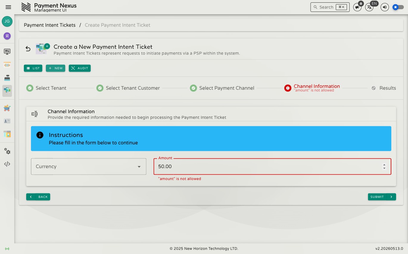 Step 4 showing the channel information form with currency, amount, and other channel-specific fields