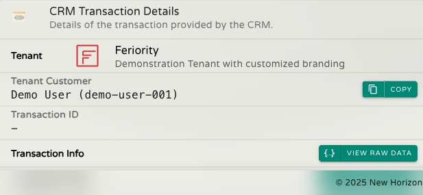 CRM Transaction Details section showing the tenant card, tenant customer, transaction ID, and View Raw Data buttons for Transaction Info and Transaction Meta