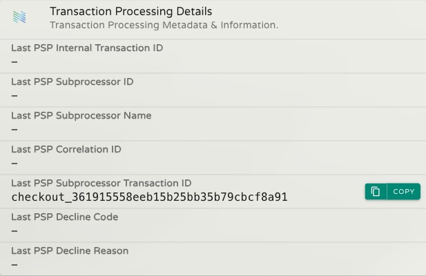 Transaction Processing Details section showing the seven sub-processor and decline tracking fields