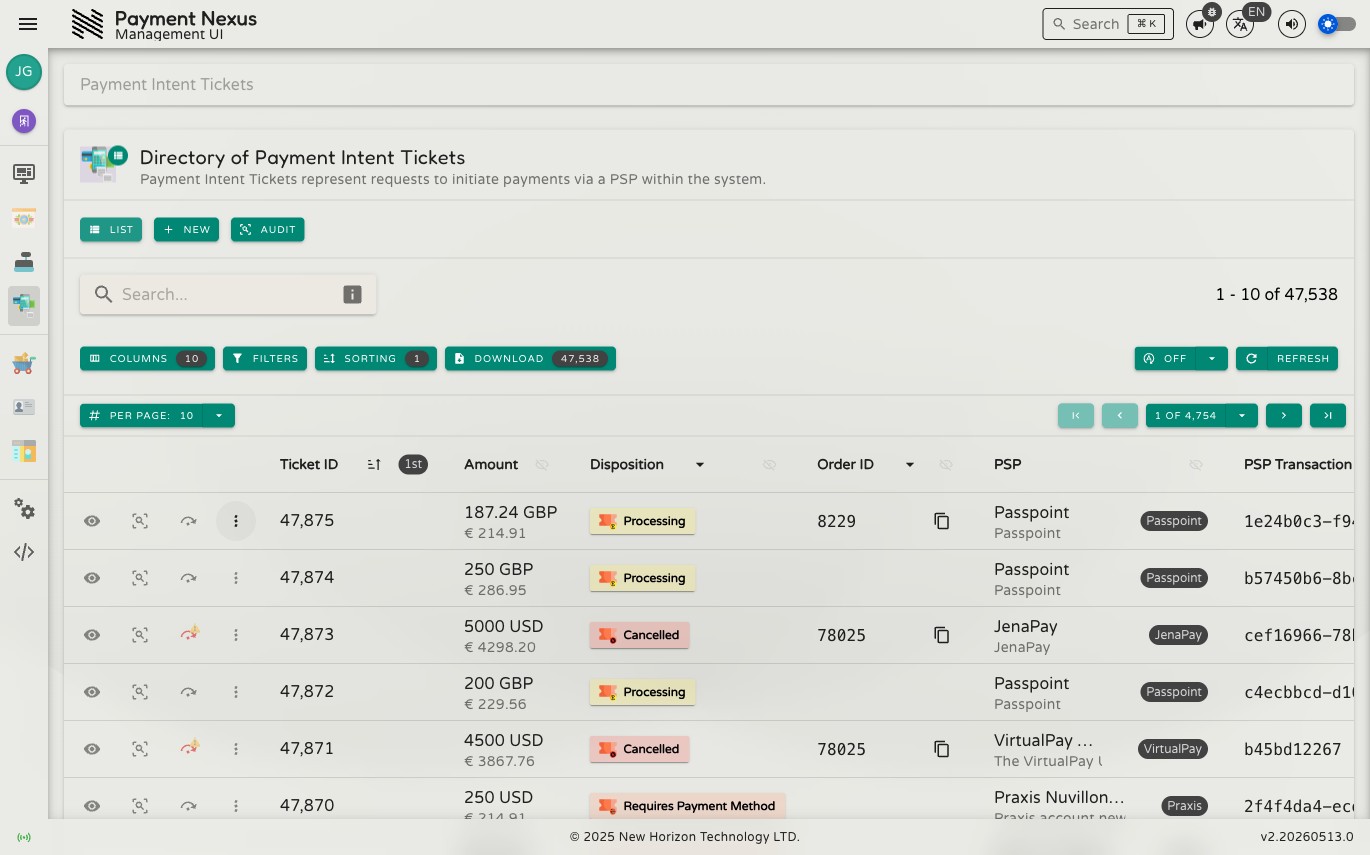 Directory of Payment Intent Tickets showing a table with columns for ID, amount, status, and related identifiers