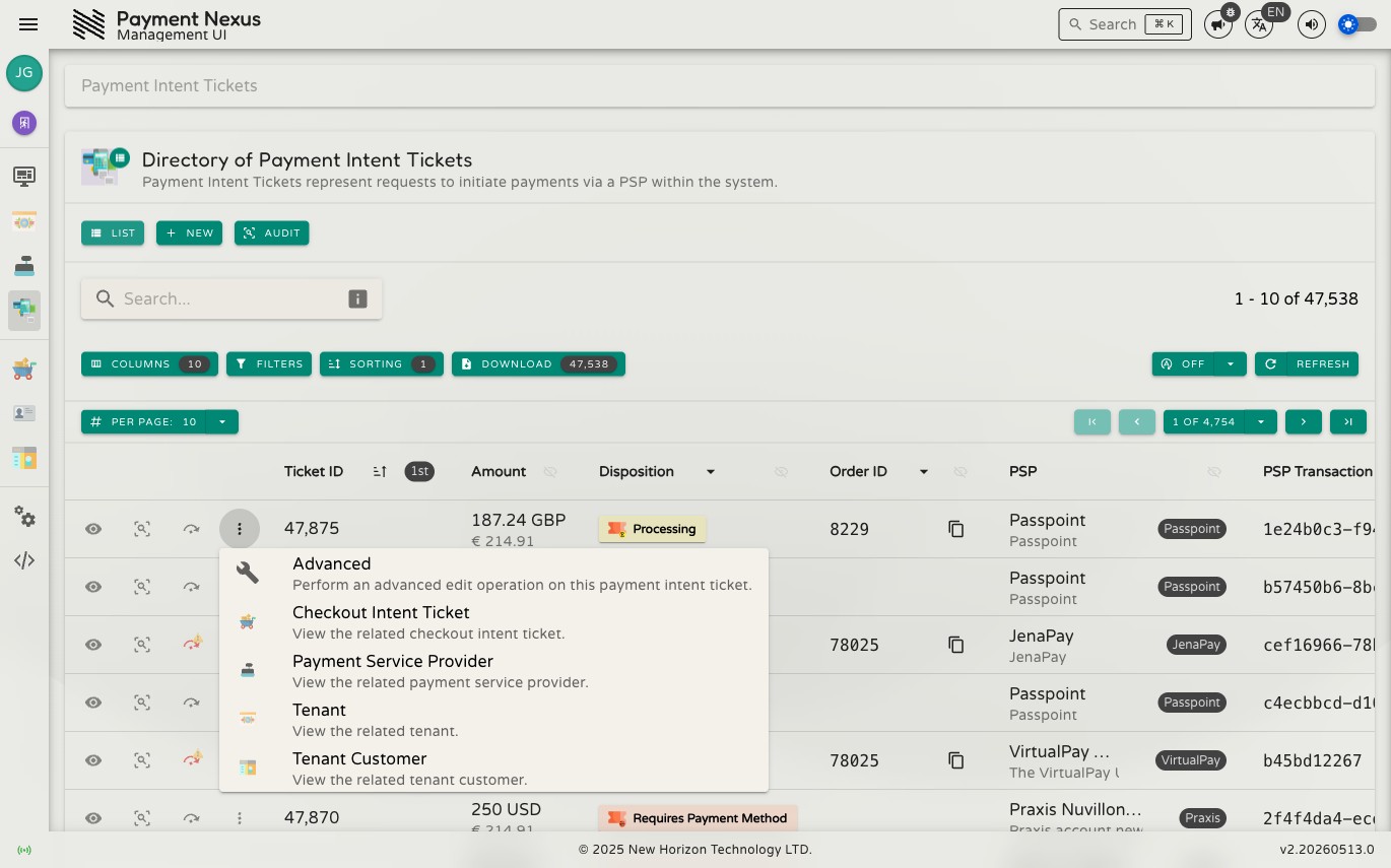PIT directory row showing the overflow menu open with secondary actions: Edit Advanced, View Checkout Intent Ticket, View PSP, View Tenant, and View Tenant Customer