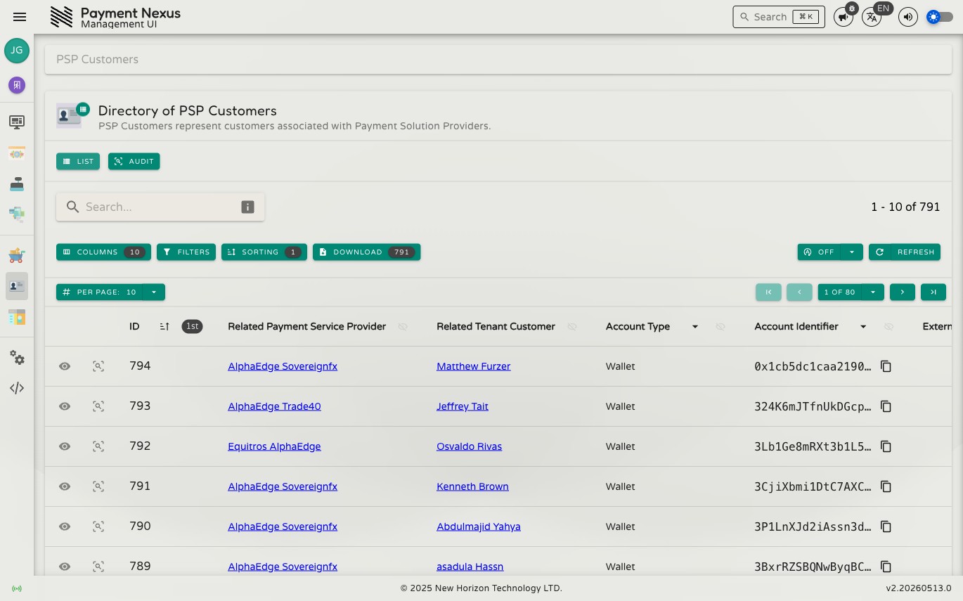 Directory of PSP Customer Accounts showing a table with columns for ID, Payment Service Provider, Tenant Customer, Account Type, Account Identifier, External Reference ID, Currency, Label, Description, and Status