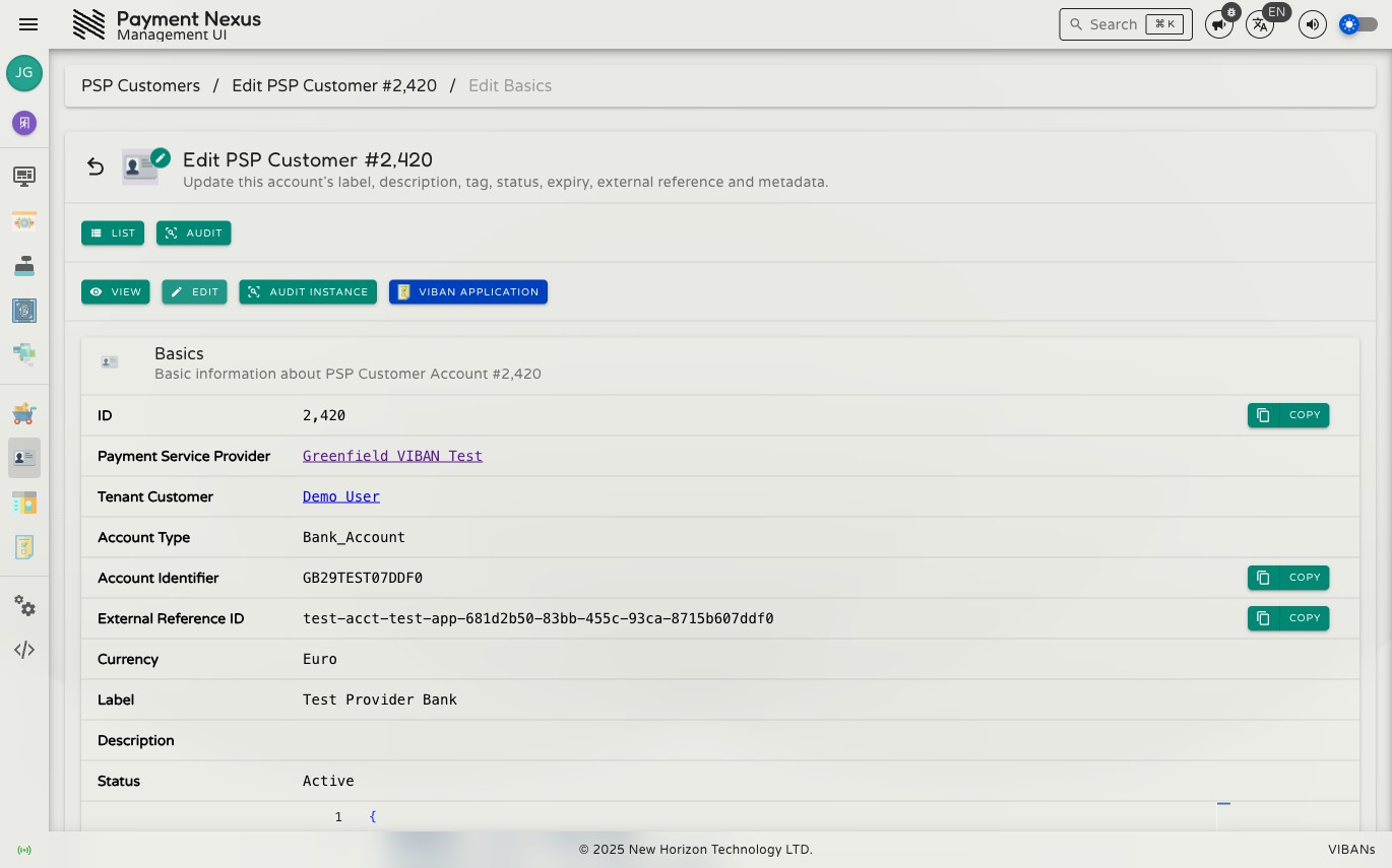 Edit PSP Customer Account page showing Label, Account Tag, Description, Status, Expires At, External Reference ID, and Metadata fields with a Save button