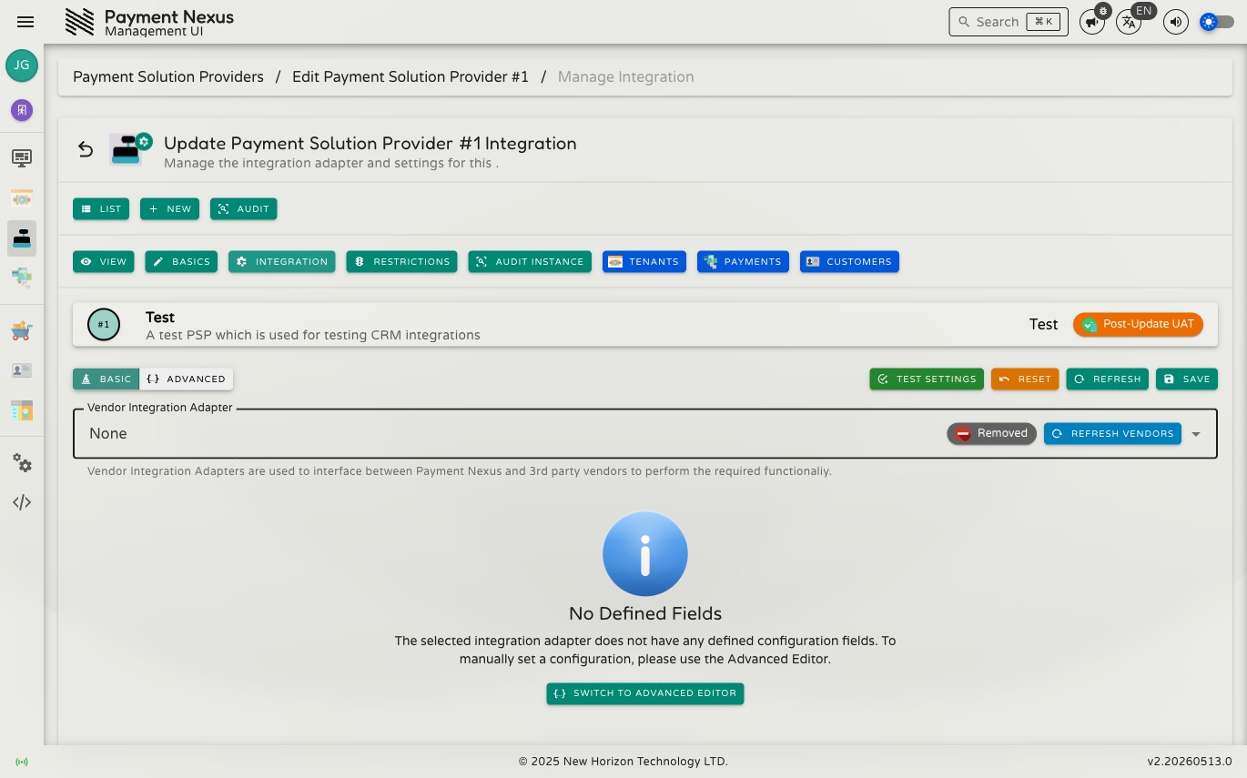 Adapter configuration page with no vendor selected, showing the empty vendor selector and a message indicating no adapter is configured