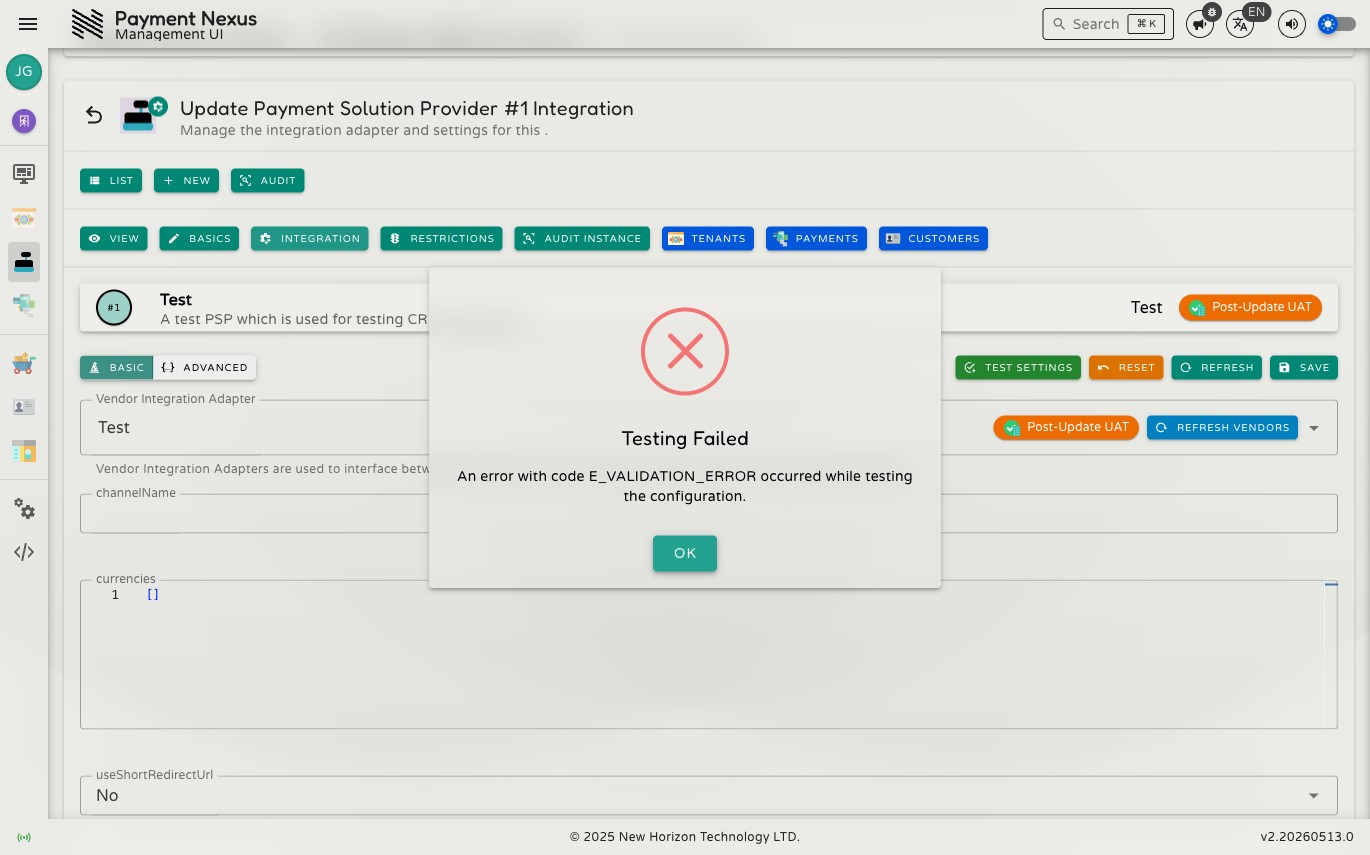 Testing Failed dialog showing an error message with the error code returned by the integration
