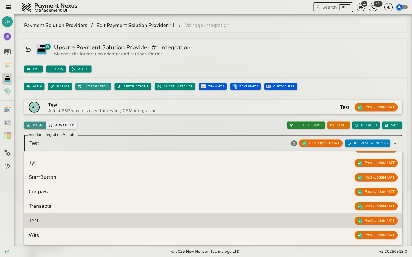 Vendor Integration Adapter dropdown open showing the list of available PSP integrations, each with its name and release state badge