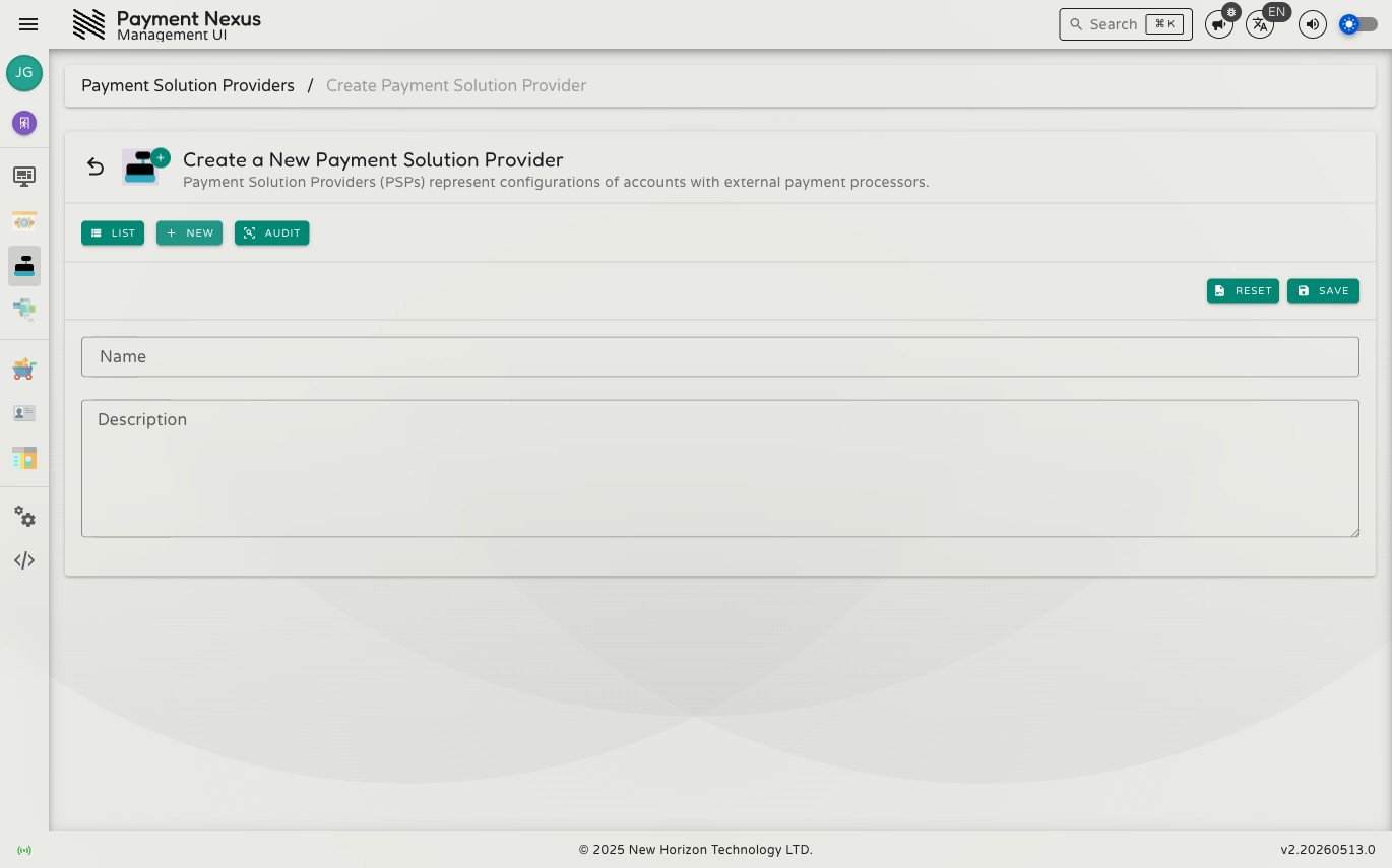 Create Payment Solution Provider form showing Name and Description fields