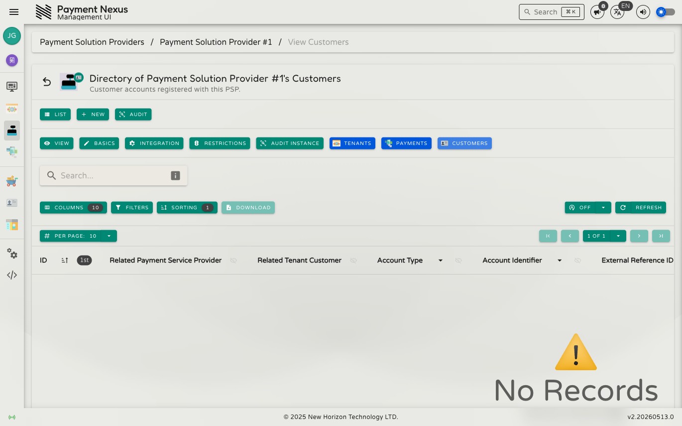 Linked PSP Customer Accounts directory showing a table with columns for ID, account type, account identifier, and related identifiers