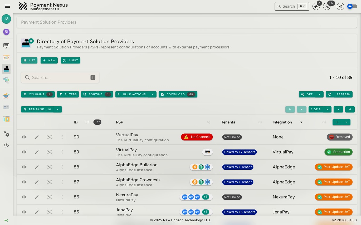 Payment Solution Providers directory showing the list of PSPs with columns for ID, name and description, tenant count, and integration vendor