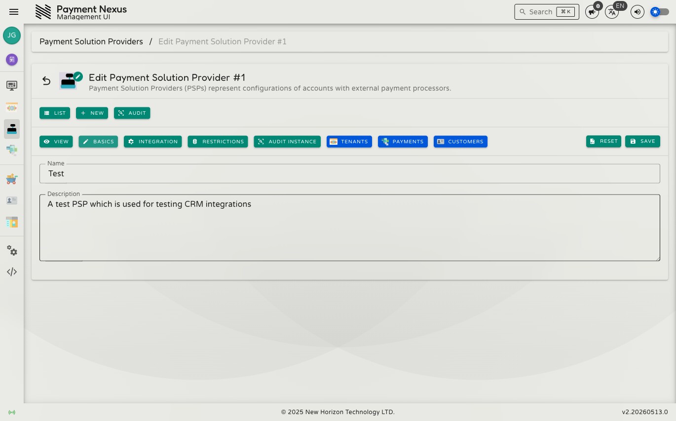 Edit PSP Basics page showing the Name and Description fields with Save and Reset toolbar buttons
